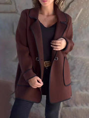 Buttoned Pockets Split-Joint Long Sleeves Loose Notched Collar Woolen Coat