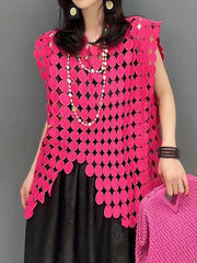 Hollow Solid Color Split-Joint Irregular Clipping Loose Round-Neck Vest Top