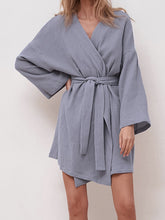 Ribbed Solid Color Long Sleeves Loose V-Neck Robes Pajamas