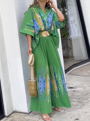 Loose Wide Leg Printed Lapel Collar Blouses Pants Pants Set Two Pieces Set