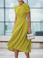 Loose Short Sleeves Pleated Solid Color Split-Joint Round-Neck Evening Dresses Midi Dresses