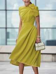 Loose Short Sleeves Pleated Solid Color Split-Joint Round-Neck Evening Dresses Midi Dresses