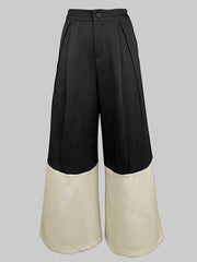 Contrast Color No Belt Pleated Pockets High Waisted Loose Trousers Pants