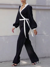 Contrast Color Tied Long Sleeves Loose Deep V-Neck Jumpsuits