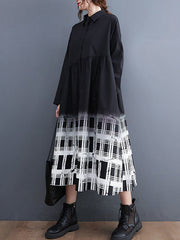 Buttoned Gradient Plaid A-Line Long Sleeves Lapel Midi Dresses