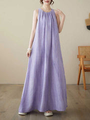 Pleated Solid Color A-Line Loose Round-Neck Midi Dresses