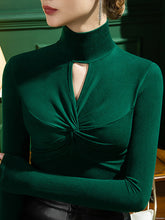 Hollow Solid Color Long Sleeves Plus Size High Neck T-Shirts