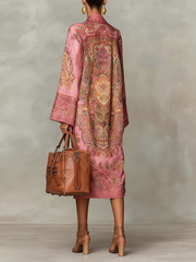 Contrast Color Printed Long Sleeves Loose Mock Neck Midi Dresses