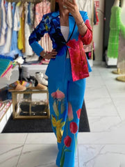 Asymmetric Floral Printed Split-Joint Long Sleeves Loose Lapel Outerwear Blazer Suits