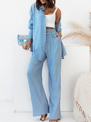 Lapel Long Sleeves Buttoned Pockets Solid Color Shirts Top + Elasticity High Waisted Pants Bottom Two Pieces Set