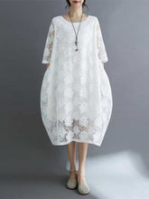 Hollow Solid Color Half Sleeves Loose Round-Neck Midi Dresses
