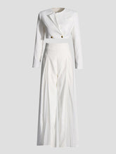 Round-Neck Long Sleeves Buttoned Solid Color Split-Joint Blazers Top +Zipper Wide Leg Mesh Pleated Pants bottom Two Pieces Set