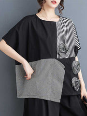 Asymmetric Split-Front Split-Joint Striped Three-Dimensional Flower Loose Short Sleeves Round-Neck T-Shirts Tops