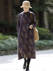 Vintage Loose Printed Keep Warm Velvet Midi Dress Long Cheongsam