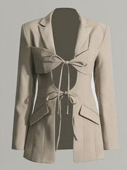 Pockets Solid Color Tied Long Sleeves Loose Notched Collar Outerwear Blazer