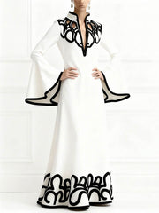 A-Line Flared Sleeves Abstract Printed Contrast Color Hollow Line Split-Joint Stand Collar Maxi Dresses