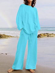 Solid Color Loose Round-neck Long Sleeves Shirts Top + Drawstring Pants Bottom Two Pieces Set