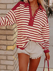 Buttoned Contrast Color Split-Joint Striped Long Sleeves Loose V-neck Sweatshirt Tops