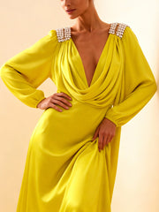 Contrast Color Pleated Rhinestone Split-Joint Bodycon Long Sleeves Heaps Collar Maxi Dresses