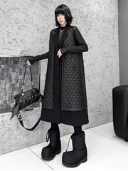Buttoned Plaid Pockets Solid Color Split-Joint Loose Sleeveless Notched Collar Padded Vest Outerwear