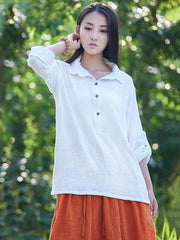 White&Gray&Beige Lapel Ramie Cotton T-shirt