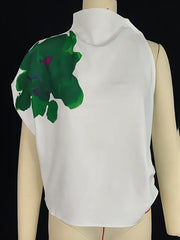 Loose Sleeveless Asymmetric Flower Print Mock Neck Vest Top