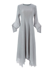 Pleated Solid Color Irregular clipping Loose Round-neck Midi Dresses