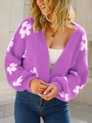 Knitted Flower Long Sleeves Loose Collarless Cardigan Tops