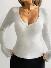 Solid Color Long Sleeves Skinny V-Neck T-Shirts Tops