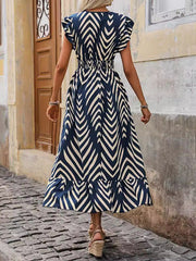 Elasticity Printed Split-Joint Flying Sleeves Loose V-neck Maxi Dresses