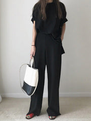 Fringed Solid Color Split-Side Round-Neck T-shirt+ Pants Two Pieces Set