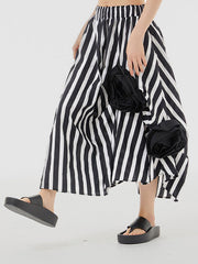 Asymmetric Contrast Color Elasticity Striped Three-Dimensional Flower Loose Skirts Bottoms