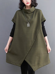 Asymmetric Solid Color Split-front Split-Joint Loose Raglan Sleeve High-neck Mini Dresses Knitwear