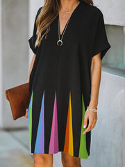 Printed Loose Short Sleeves V-Neck Mini Dresses