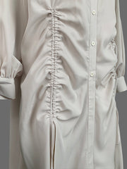 Buttoned Drawstring Pleated Pockets Solid Color High-Low Long Sleeves Lapel Midi Dresses