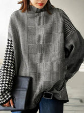 Houndstooth Plaid Long Sleeves Loose High Neck Sweater Tops Pullovers