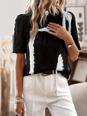Printed Split-Joint Loose Short Sleeves Mock Neck T-Shirts Tops