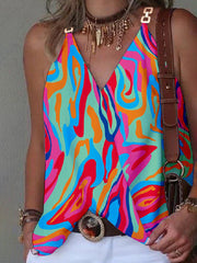 Printed Split-Joint Sleeveless V-Neck Vest Top