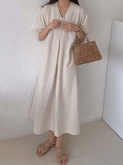 Simple Loose Linen Short Sleeves Solid Color V-Neck Midi Dresses