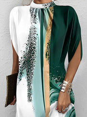 Printed Loose Short Sleeves Mock Neck Mini Dresses