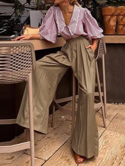 Loose Wide Leg High-Waisted Pleated Solid Color Pants Trousers