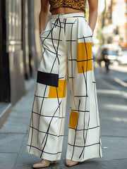 Asymmetric Printed Split-Joint High Waisted Loose Trousers Pants