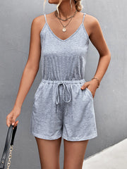 Drawstring Pockets Solid Color High Waisted Loose Spaghetti-Neck Rompers