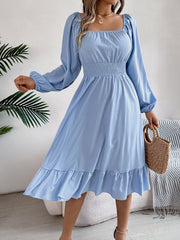 Pleated Ruffled Solid Color A-Line Elasticated Waist Square-Neck Midi Dresses