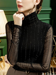 See-Through Solid Color Long Sleeves Skinny High-Neck T-Shirts Tops