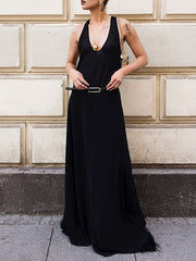 Loose Sleeveless Belted See-Through Solid Color Halter-Neck Maxi Dresses