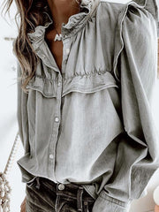 Buttoned Pleated Ruffled Solid Color Split-Joint Long Sleeves Loose Stand Collar Blouses&Shirts Tops