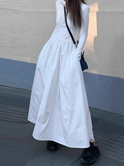 Pleated Solid Color Split-Joint Zipper High Waisted Long Sleeves V-Neck Midi Dresses