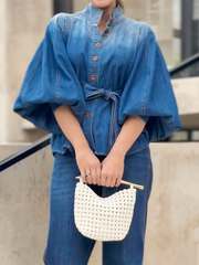 Buttoned Gradient Tied Waist Half Sleeves Puff Sleeves Stand Collar Blouses&Shirts Tops