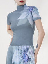 Flower Print Pleated Short Sleeves Mock Neck T-Shirts Tops